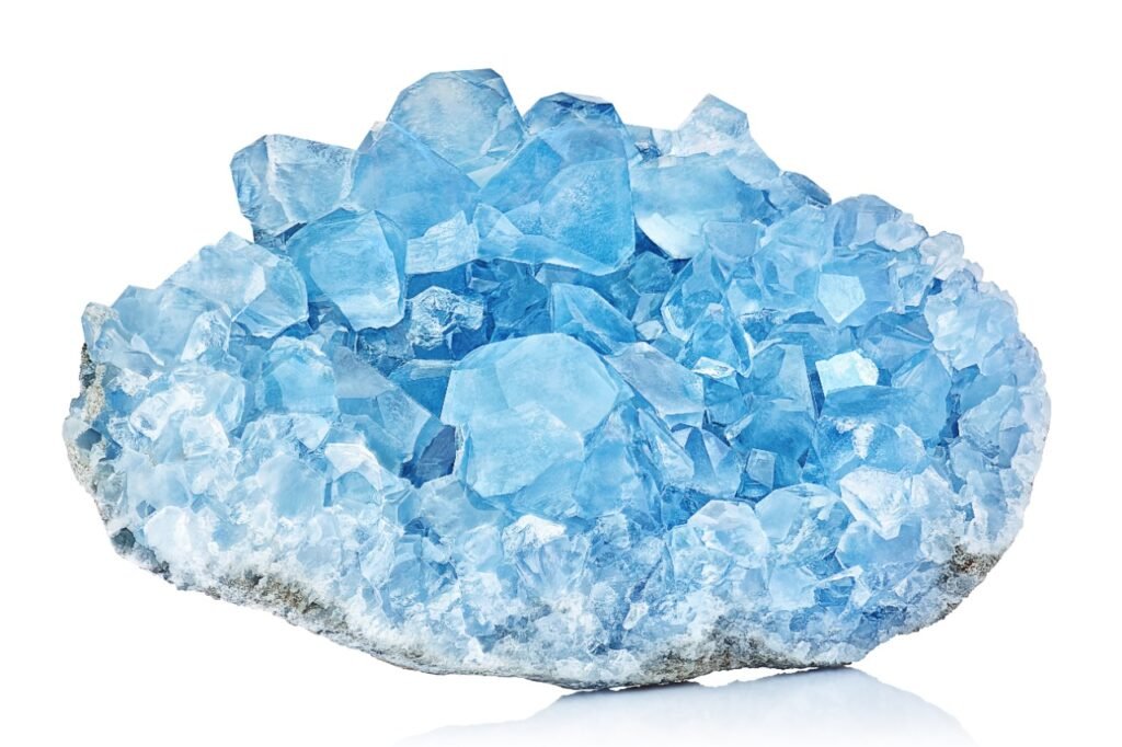 Pedra azul claro, conhecida como ágata azul e o fundo da foto é branco. 